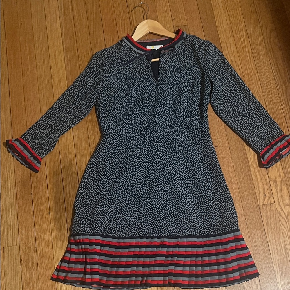 Boden Navy Dot Dress with Red Stripe Trim